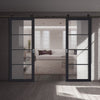 Top Mounted Black Sliding Track & Double Door - Soho 4 Pane Charcoal Doors - Clear Glass - Prefinished