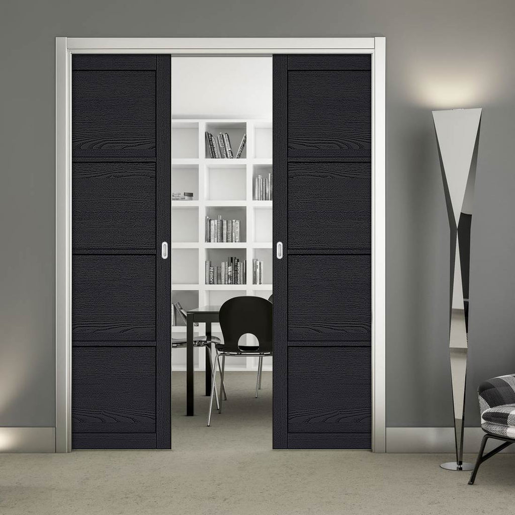 Soho 4 Panel Charcoal Double Evokit Pocket Doors - Prefinished