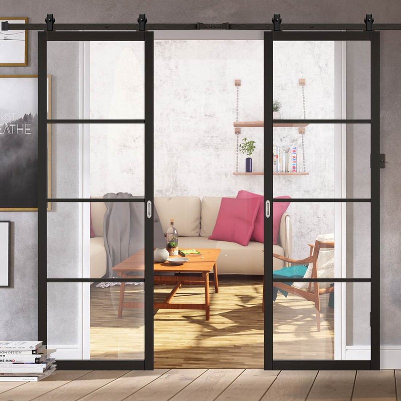 Top Mounted Black Sliding Track & Double Door - Soho 4 Pane Black Painted Doors - Clear Glass