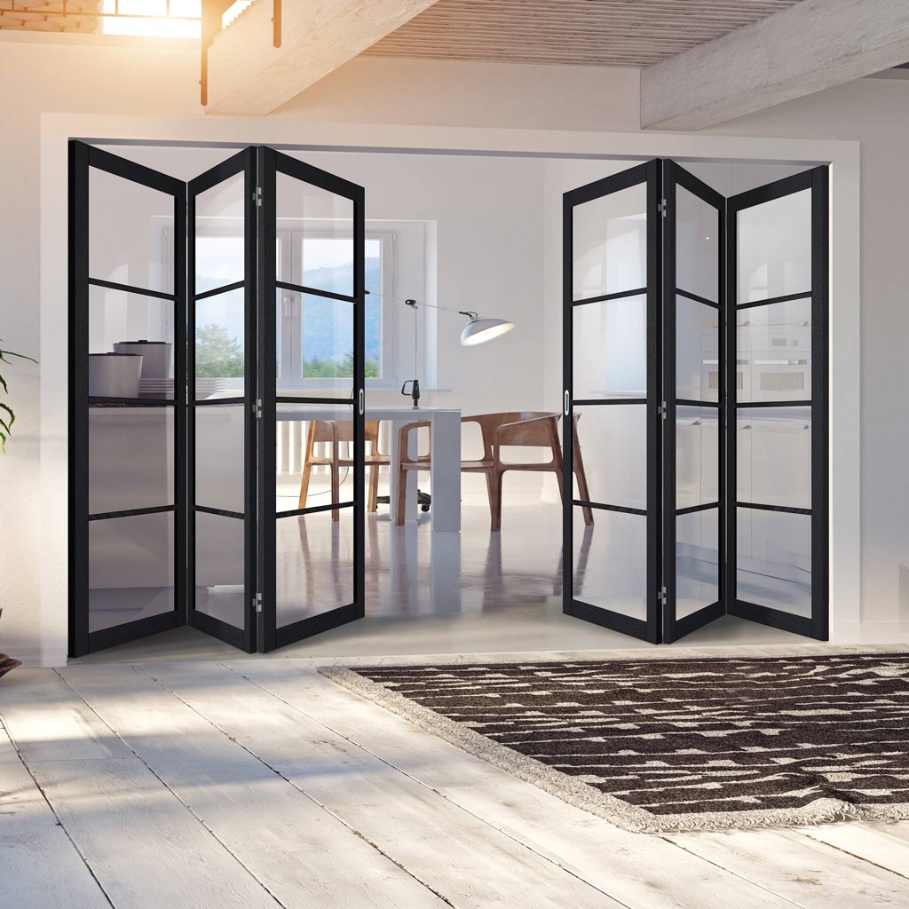 Six Folding Doors & Frame Kit - Soho 4 Pane Charcoal 3+3 - Clear Glass - Prefinished