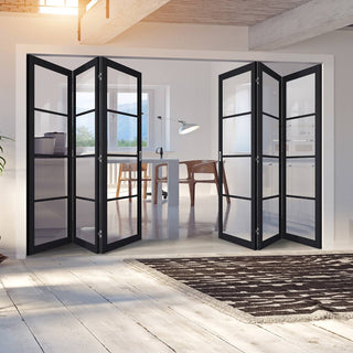 Image: Six Folding Doors & Frame Kit - Soho 4 Pane Charcoal 3+3 - Clear Glass - Prefinished