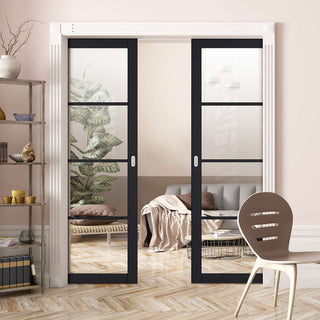 Image: Soho 4 Pane Charcoal Double Evokit Pocket Doors - Clear Glass - Prefinished