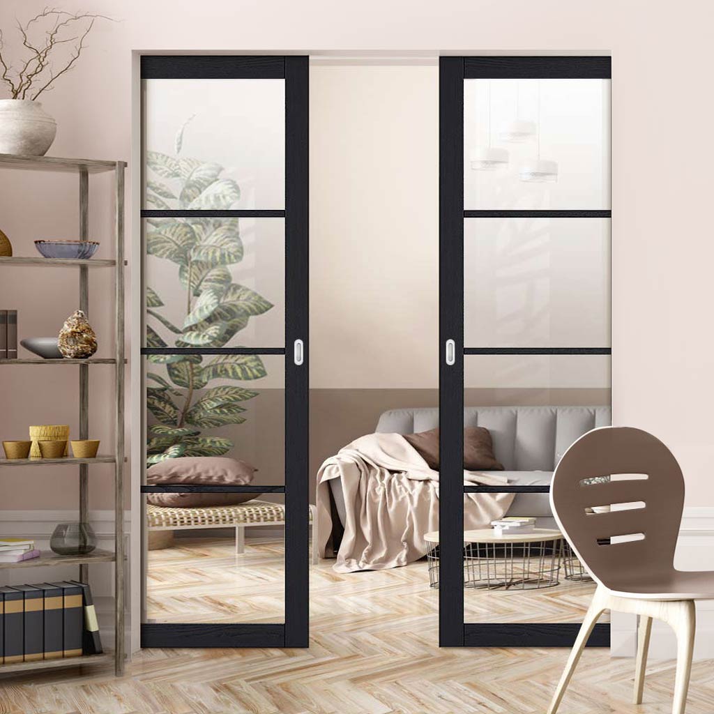 Soho 4 Pane Charcoal Absolute Evokit Double Pocket Door - Clear Glass - Prefinished