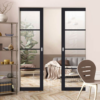 Image: Soho 4 Pane Charcoal Absolute Evokit Double Pocket Door - Clear Glass - Prefinished