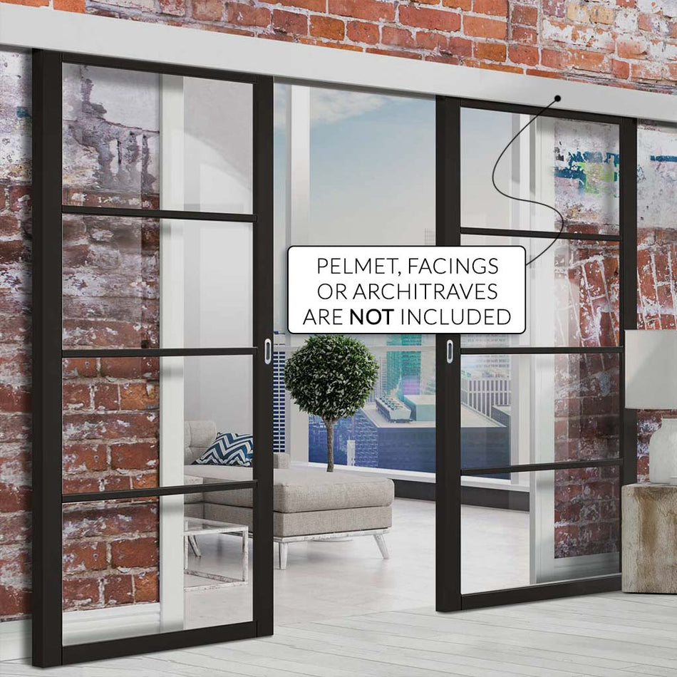 Double Sliding Door & Wall Track - Soho 4 Pane Door - Clear Glass - Black Primed