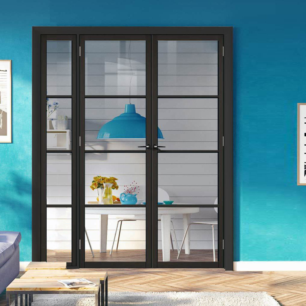 ThruEasi Room Divider - Soho 4 Pane Black Primed Clear Glass Unfinished Industrial Double Doors with Narrow Single Side