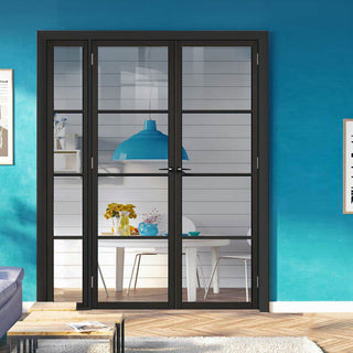 Image: ThruEasi Room Divider - Soho 4 Pane Black Primed Clear Glass Unfinished Industrial Double Doors with Narrow Single Side