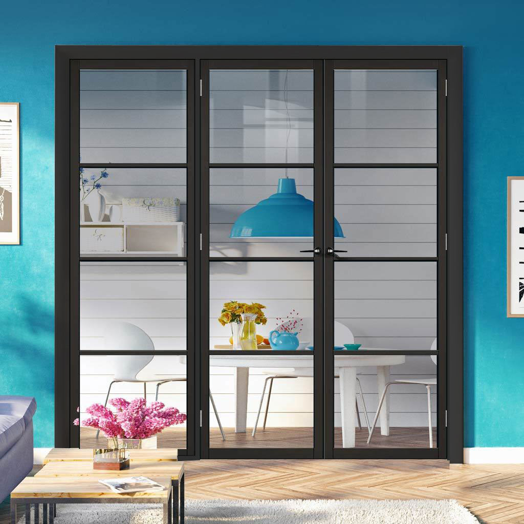 ThruEasi Room Divider - Soho 4 Pane Black Primed Clear Glass Unfinished Double Doors with Single Side