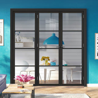 Image: ThruEasi Room Divider - Soho 4 Pane Black Primed Clear Glass Unfinished Double Doors with Single Side