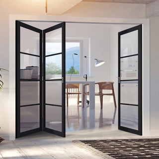 Image: Three Folding Doors & Frame Kit - Soho 4 Pane Charcoal 2+1 - Clear Glass - Prefinished