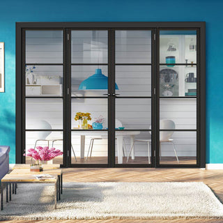 Image: ThruEasi Room Divider - Soho 4 Pane Black Primed Clear Glass Unfinished Double Doors with Double Sides