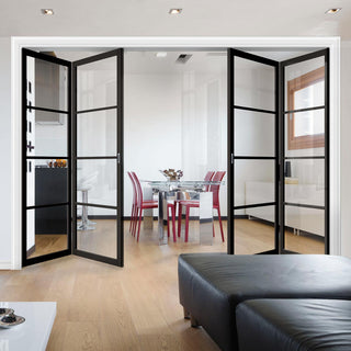 Image: Four Folding Doors & Frame Kit - Soho 4 Pane 2+2 - Clear Glass - Black Primed