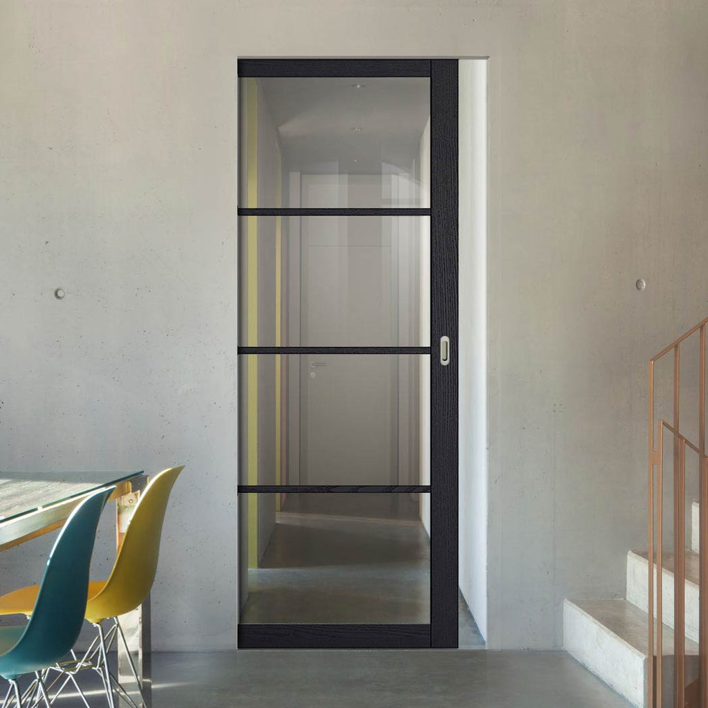 Soho 4 Pane Charcoal Absolute Evokit Single Pocket Door - Clear Glass - Prefinished