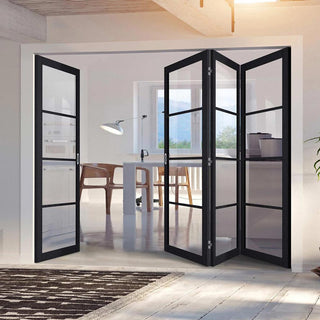 Image: Four Folding Doors & Frame Kit - Soho 4 Pane Charcoal 3+1 - Clear Glass - Prefinished