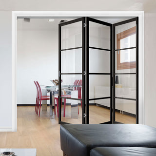 Image: Three Folding Doors & Frame Kit - Soho 4 Pane 3+0 - Clear Glass - Black Primed