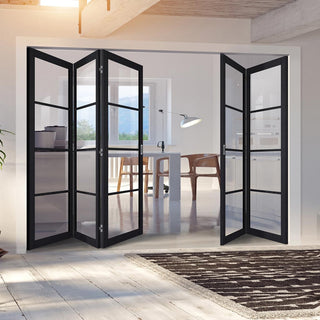 Image: Five Folding Doors & Frame Kit - Soho 4 Pane Charcoal 3+2 - Clear Glass - Prefinished