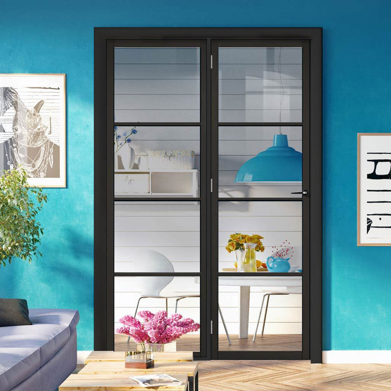 Room Divider - Soho 4 Pane Black Clear Glass Prefinished Door with Single Side