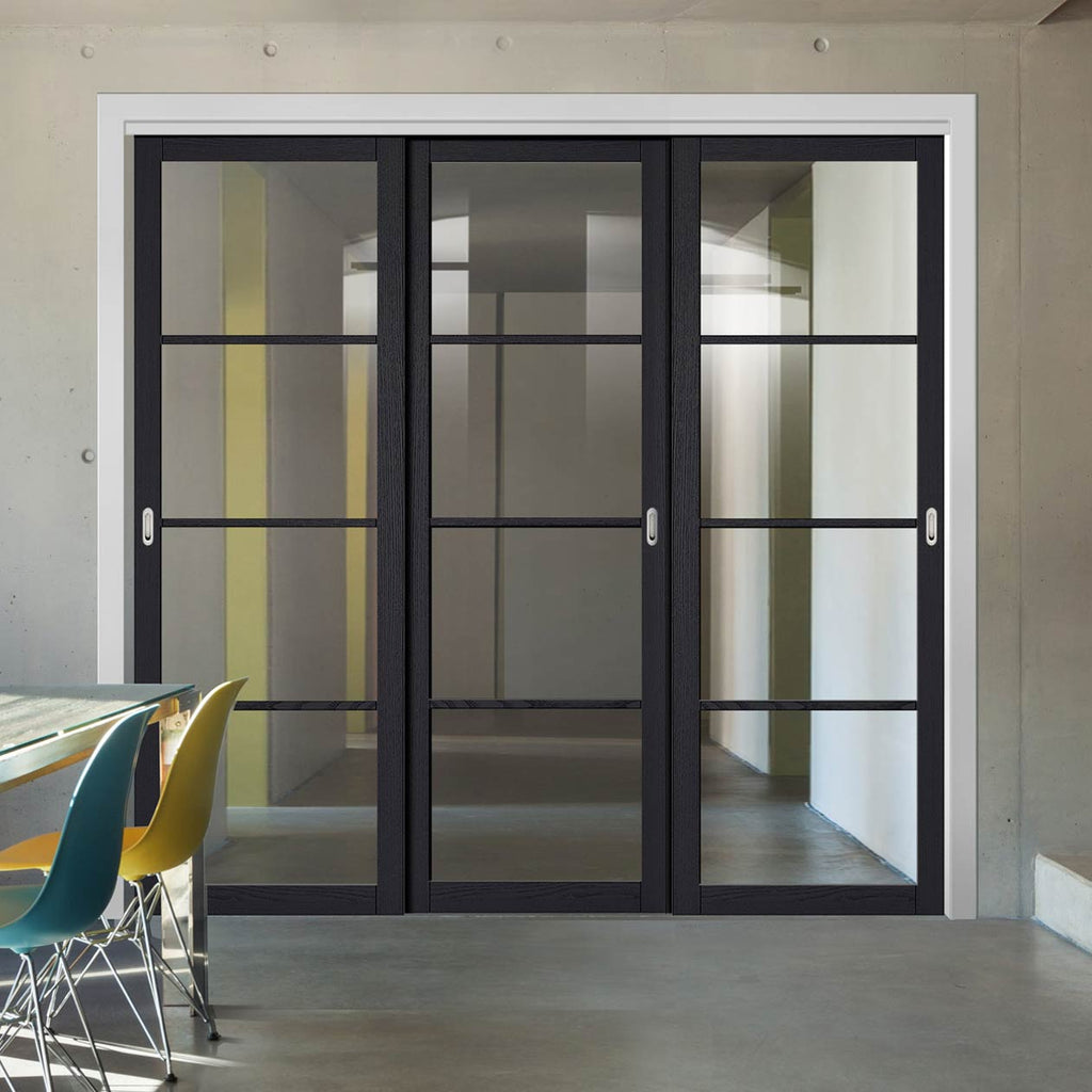 Pass-Easi Three Sliding Doors and Frame Kit - Soho 4 Pane Charcoal Door - Clear Glass - Prefinished