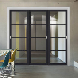 Image: Pass-Easi Three Sliding Doors and Frame Kit - Soho 4 Pane Charcoal Door - Clear Glass - Prefinished