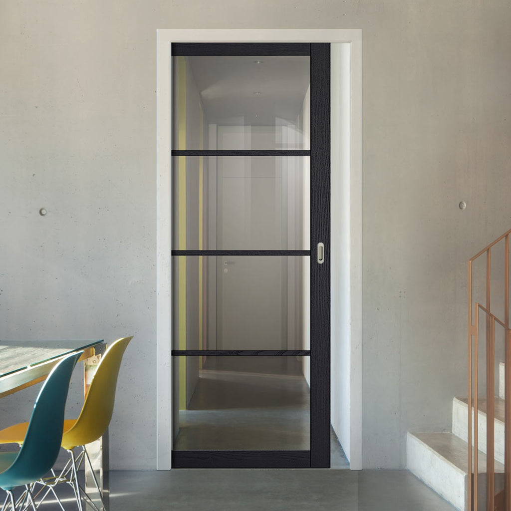 Soho 4 Pane Charcoal Single Evokit Pocket Door - Clear Glass - Prefinished