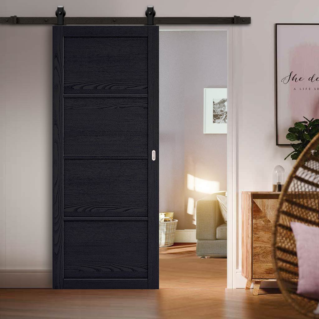 Top Mounted Black Sliding Track & Door - Soho 4 Panel Charcoal Door - Prefinished