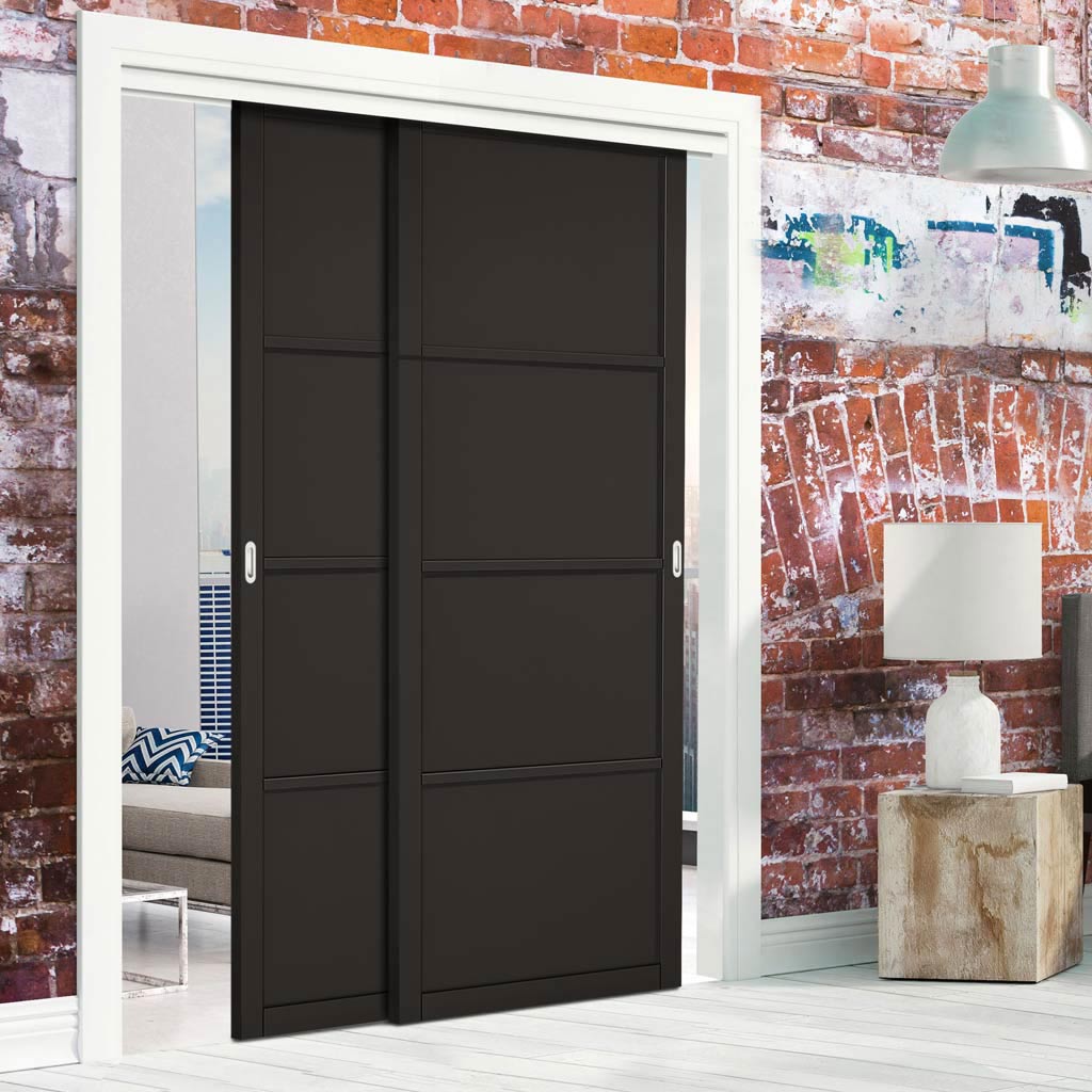 Two Sliding Doors and Frame Kit - Soho 4 Panel Door - Black Primed