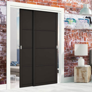 Image: Two Sliding Doors and Frame Kit - Soho 4 Panel Door - Black Primed