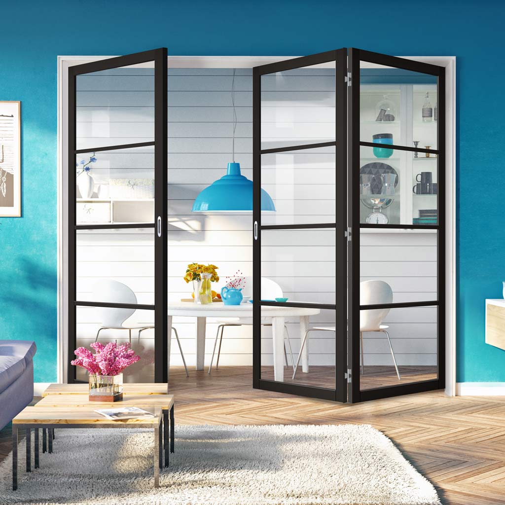 Three Folding Doors & Frame Kit - Soho 4 Pane 2+1 - Clear Glass - Black Primed