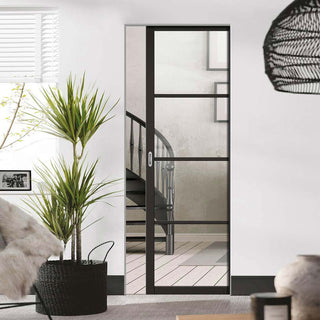 Image: Soho 4 Pane Black Primed Absolute Evokit Single Pocket Door - Clear Glass