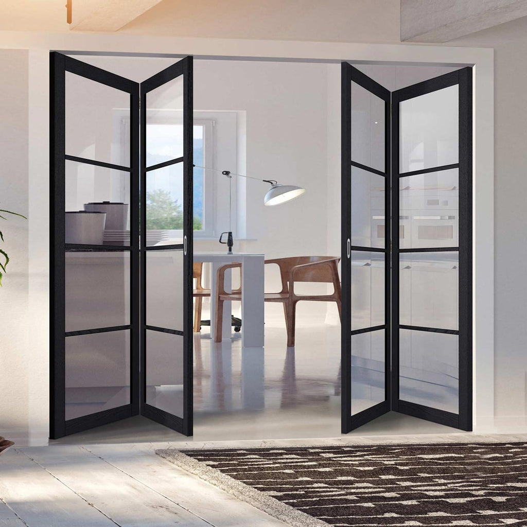 Four Folding Doors & Frame Kit - Soho 4 Pane Charcoal 2+2 - Clear Glass - Prefinished
