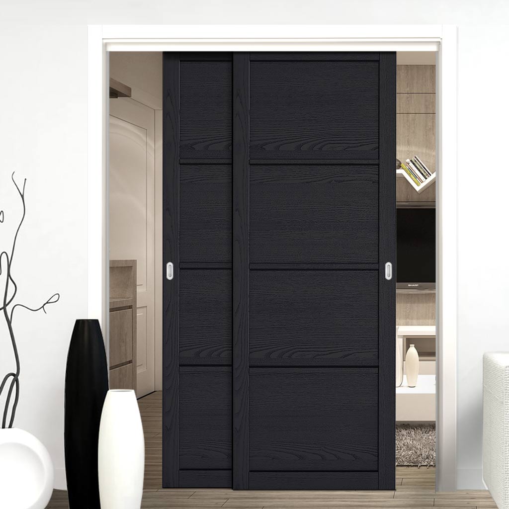 Pass-Easi Two Sliding Doors and Frame Kit - Soho 4 Panel Charcoal Door - Prefinished