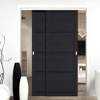 Image: Pass-Easi Two Sliding Doors and Frame Kit - Soho 4 Panel Charcoal Door - Prefinished