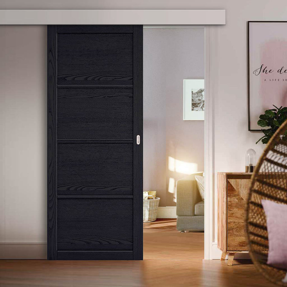 Single Sliding Door & Wall Track - Soho 4 Panel Charcoal Door - Prefinished