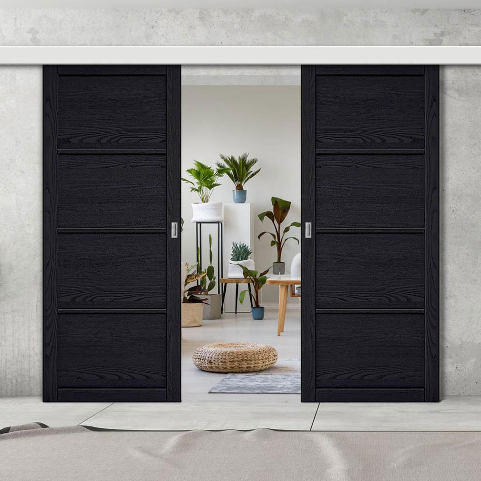 Double Sliding Door & Wall Track - Soho 4 Panel Charcoal Door - Prefinished