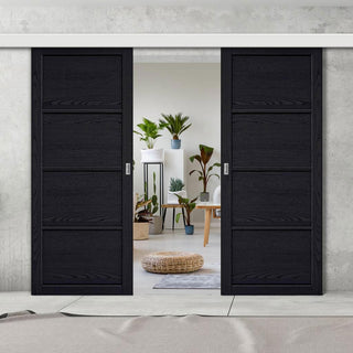 Image: Double Sliding Door & Wall Track - Soho 4 Panel Charcoal Door - Prefinished