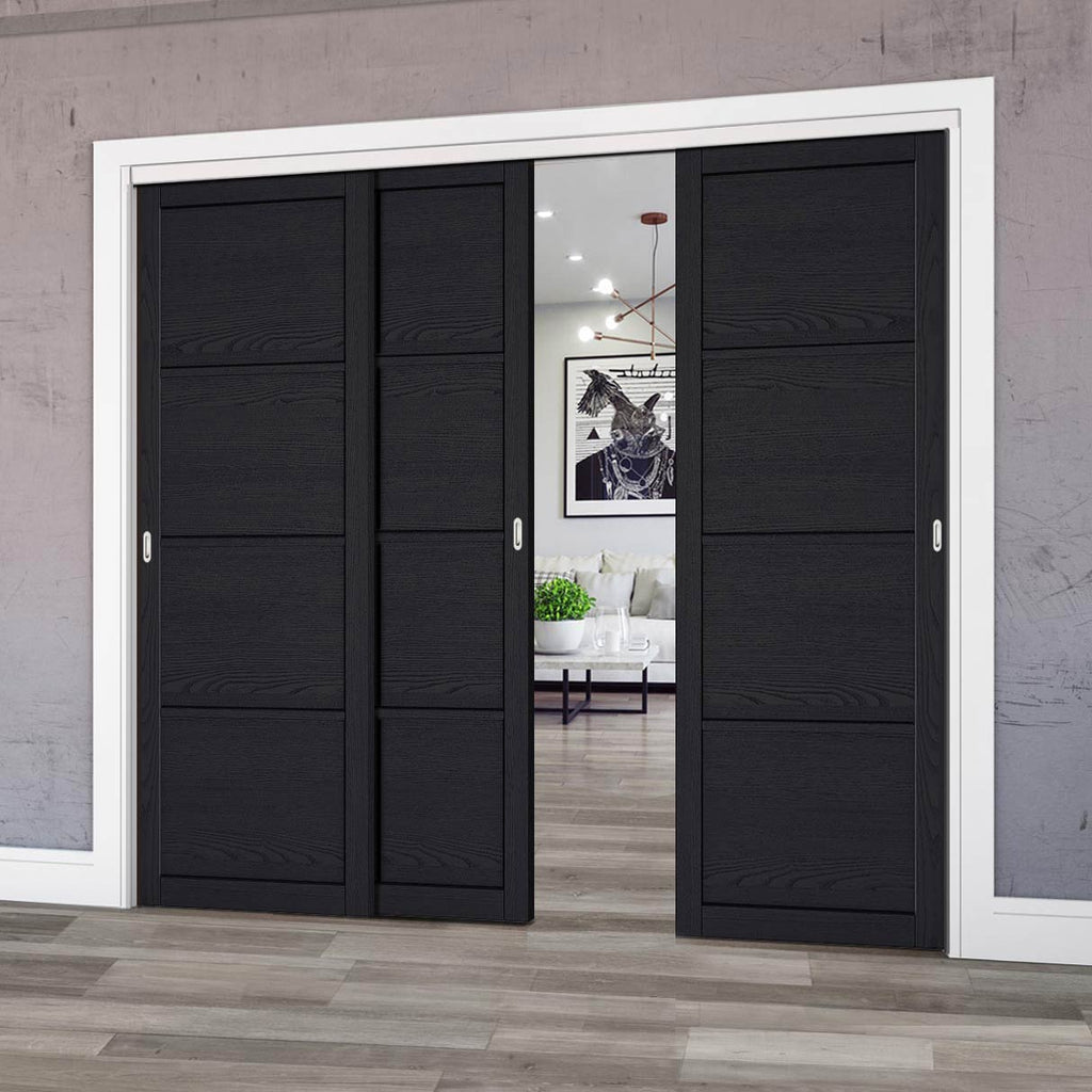 Pass-Easi Three Sliding Doors and Frame Kit - Soho 4 Panel Charcoal Door - Prefinished