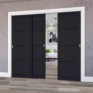 Image: Pass-Easi Three Sliding Doors and Frame Kit - Soho 4 Panel Charcoal Door - Prefinished