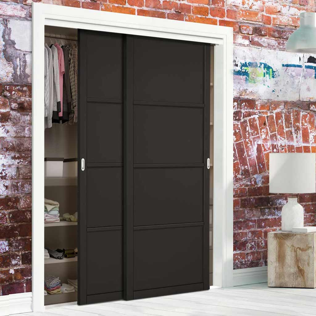 Two Sliding Wardrobe Doors & Frame Kit - Soho 4 Panel Door - Black Primed