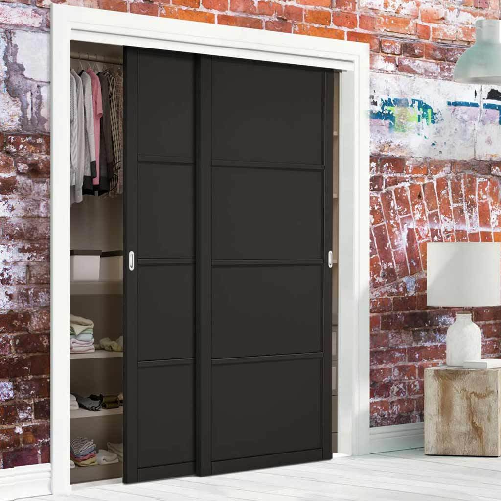 Minimalist Wardrobe Door & Frame Kit - Two Soho 4 Panel Doors - Black Primed
