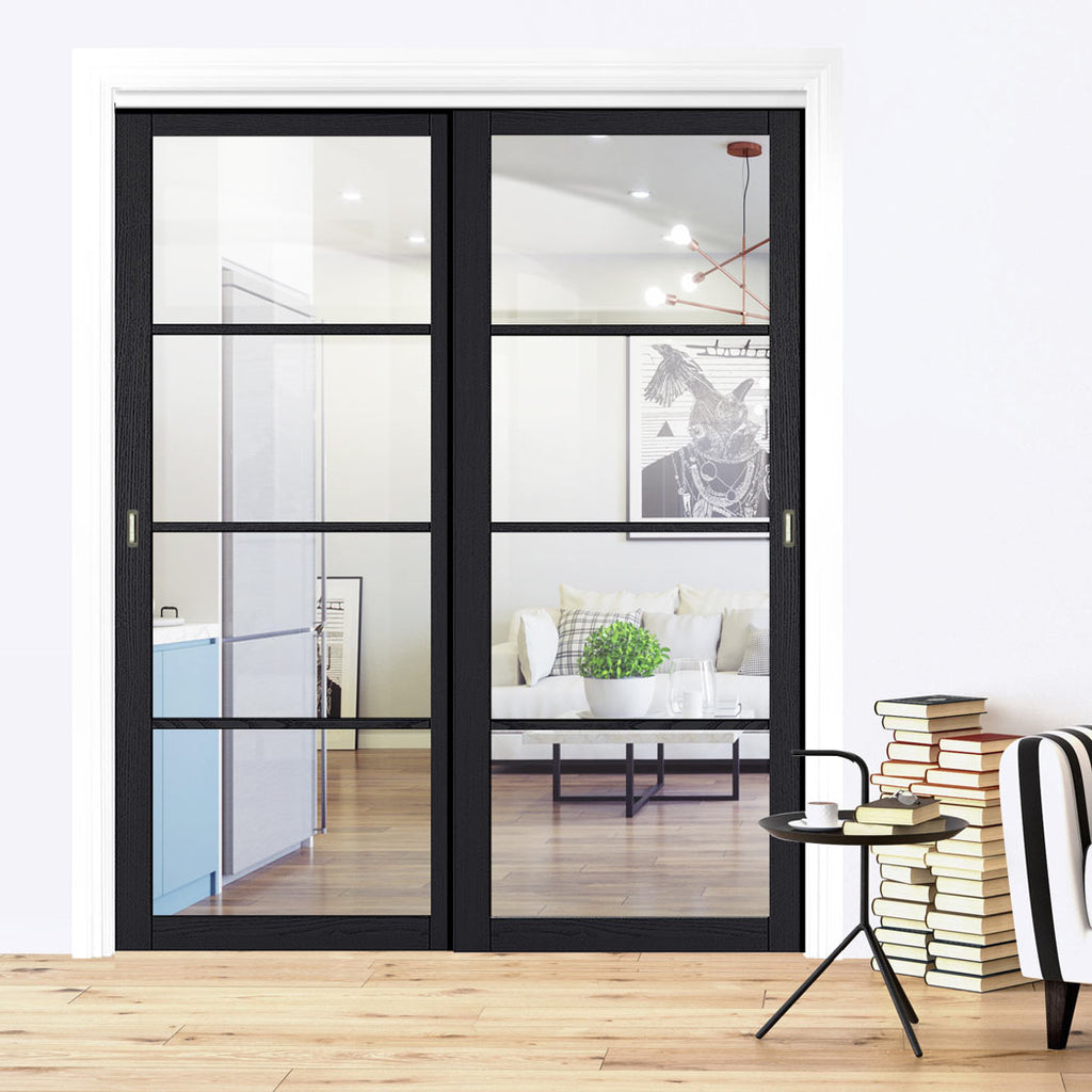 Pass-Easi Two Sliding Doors and Frame Kit - Soho 4 Pane Charcoal Door - Clear Glass - Prefinished