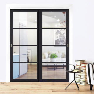 Image: Pass-Easi Two Sliding Doors and Frame Kit - Soho 4 Pane Charcoal Door - Clear Glass - Prefinished