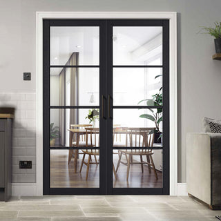 Image: Soho 4 Pane Charcoal Internal Door Pair - Clear Glass - Prefinished