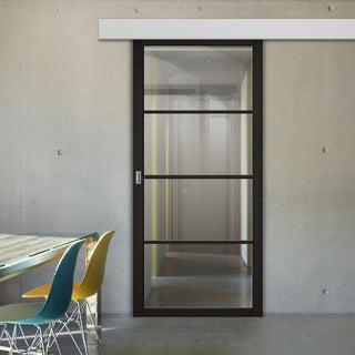 Image: Single Sliding Door & Wall Track - Soho 4 Pane Charcoal Door - Clear Glass - Prefinished