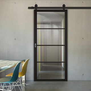 Image: Top Mounted Black Sliding Track & Door - Soho 4 Pane Black Primed Door - Clear Glass