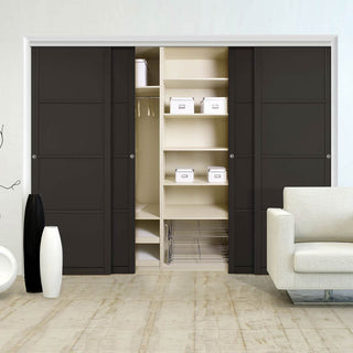 Image: Minimalist Wardrobe Door & Frame Kit - Four Soho 4 Panel Doors - Black Primed