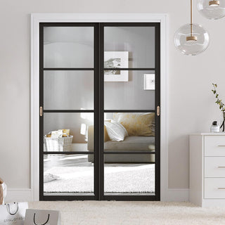 Image: Two Sliding Doors and Frame Kit - Soho 4 Pane Door - Clear Glass - Black Primed