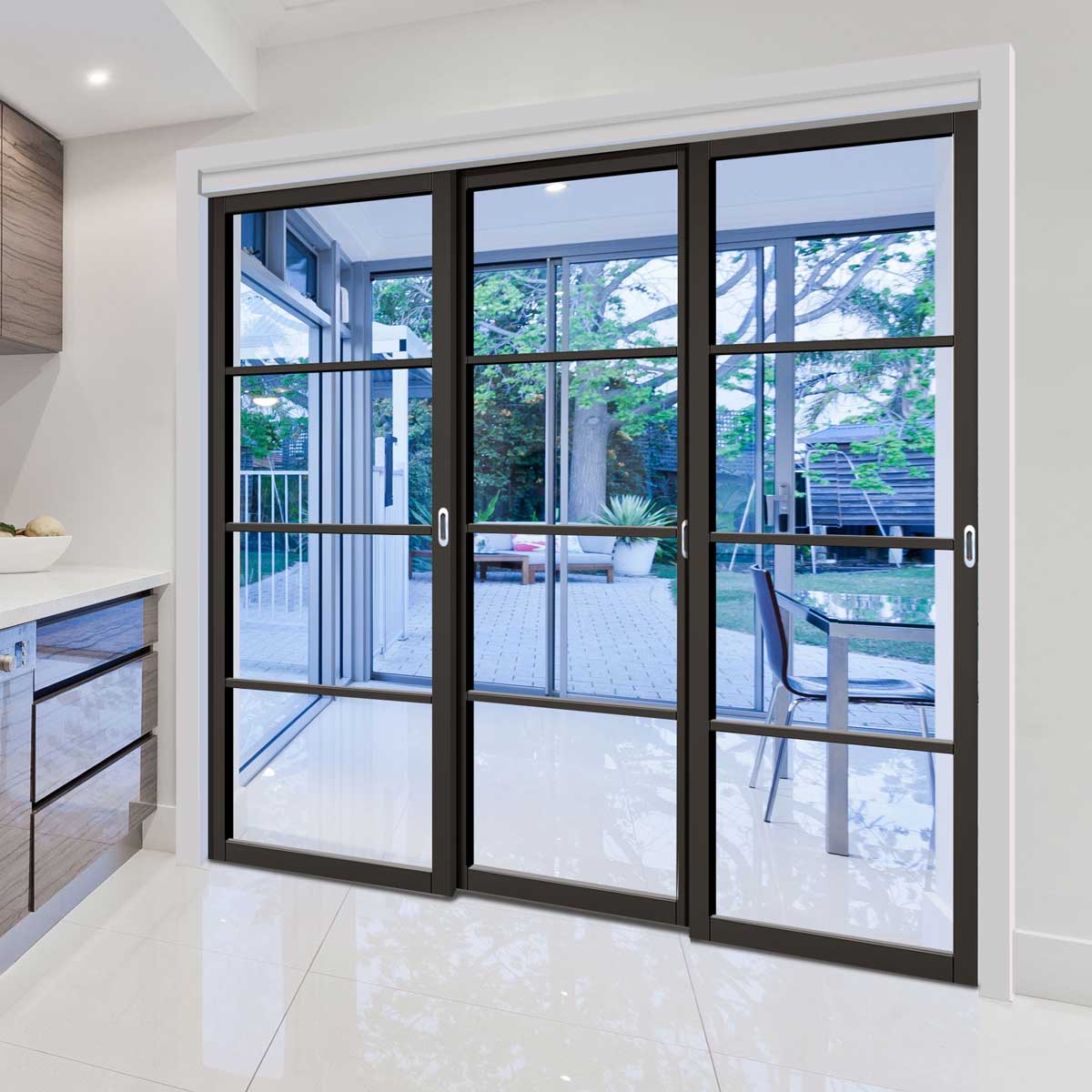 Pass-Easi Three Sliding Doors and Frame Kit - Soho 4 Pane Door - Clear