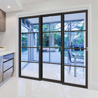Image: Three Sliding Doors and Frame Kit - Soho 4 Pane Door - Clear Glass - Black Primed