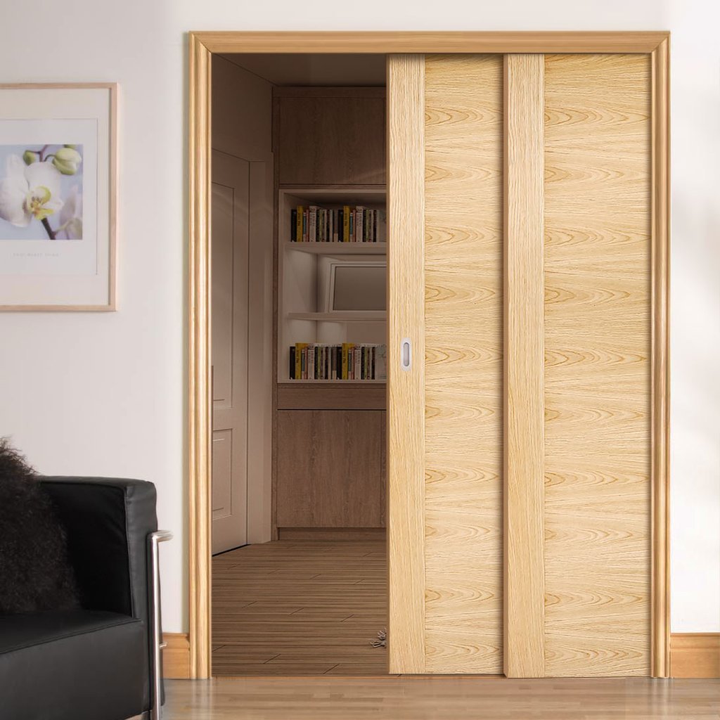 Sofia Oak Veneer Staffetta Twin Telescopic Pocket Doors - Prefinished