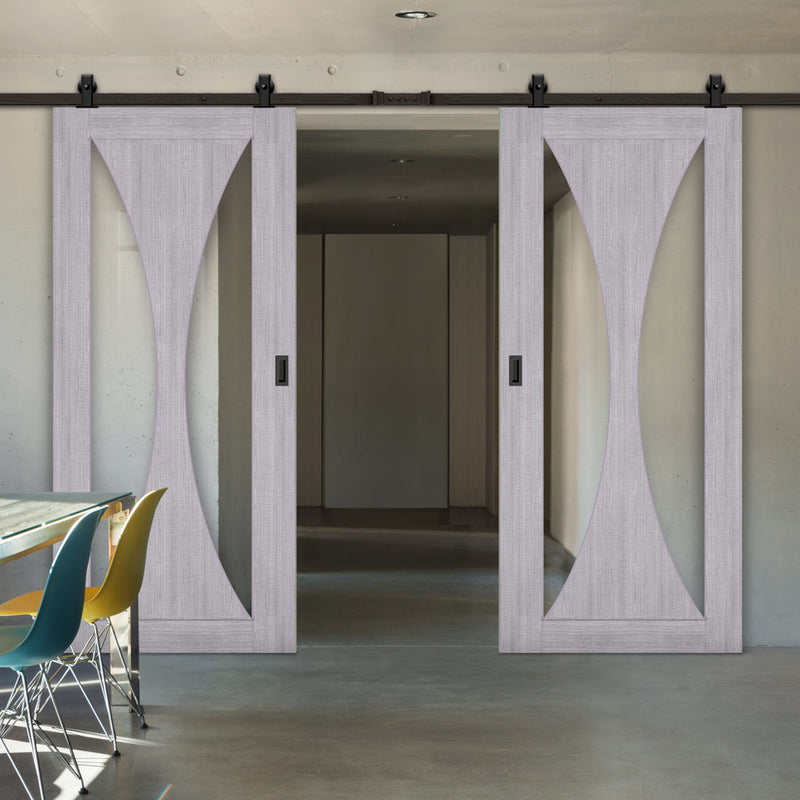 Top Mounted Black Sliding Track & Sorrento Prefinished Light Grey Ash Double Door - Clear Glass